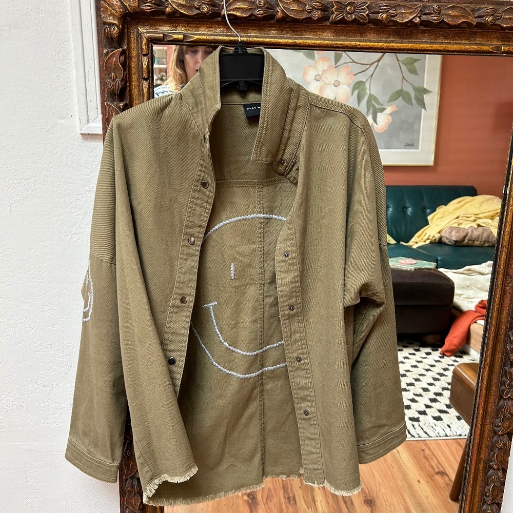 Miou Muse Embroidered Buttondown Shirt Jacket - Olive